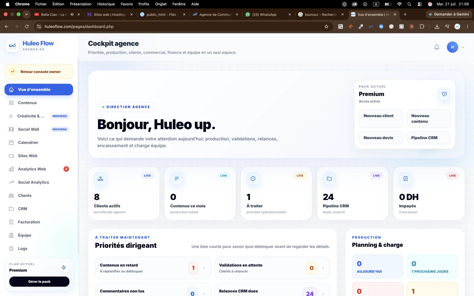 Dashboard HuleoFlow pour la gestion de contenu social media